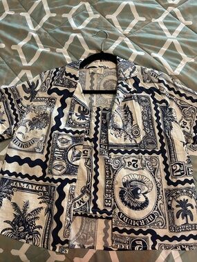 2 piece set-Navy and Cream Printed Camp Shirt and tank